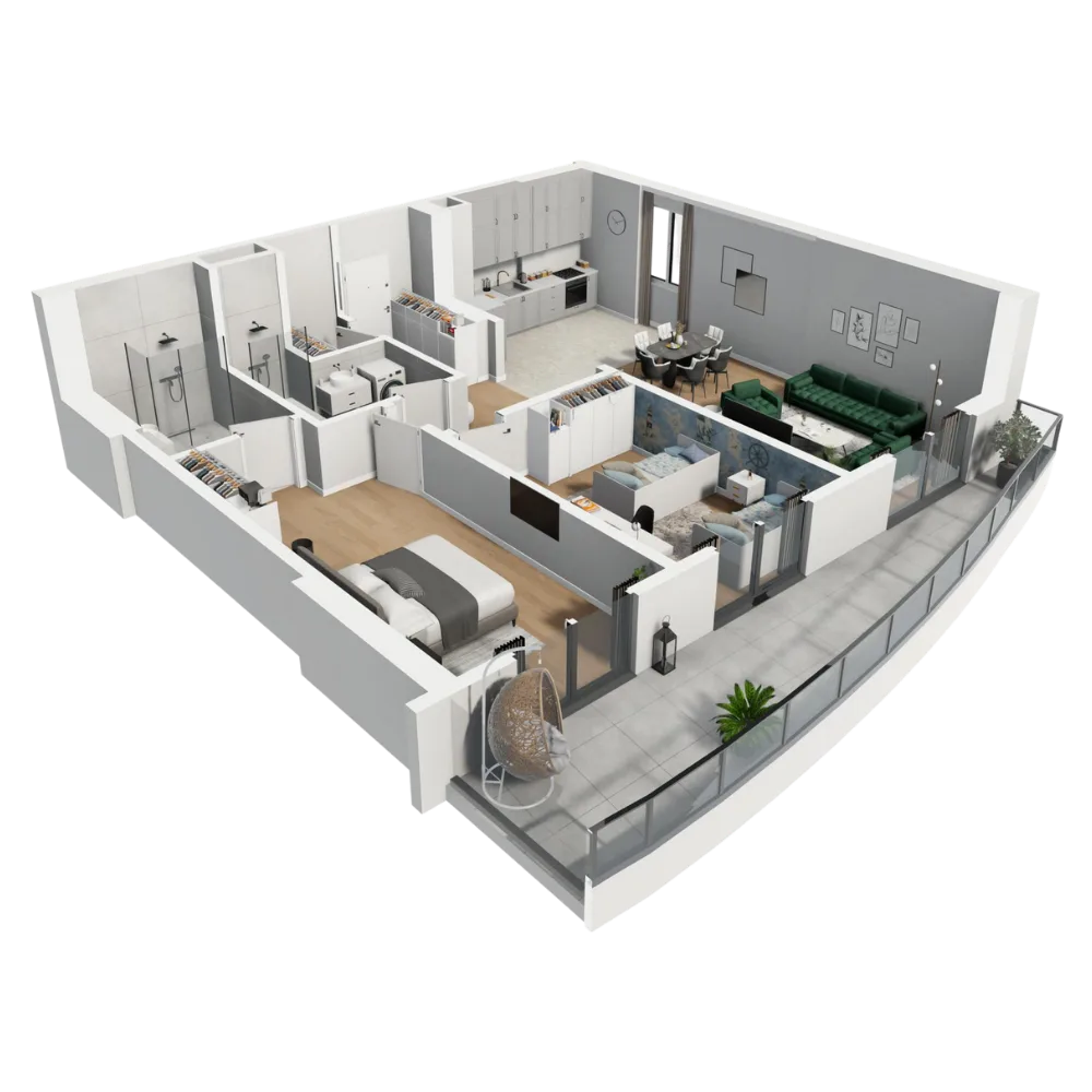 Isometric cutaway of the 2+1 · Type No. 3 residence